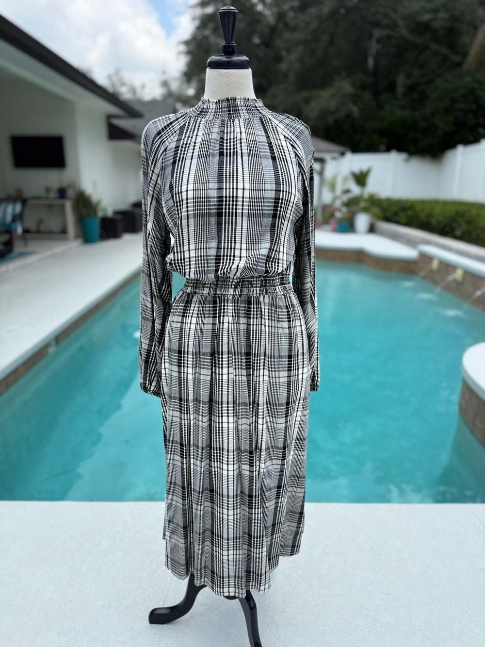 A New Day Plaid Smocked Waist Midi Long Sleeve Dress